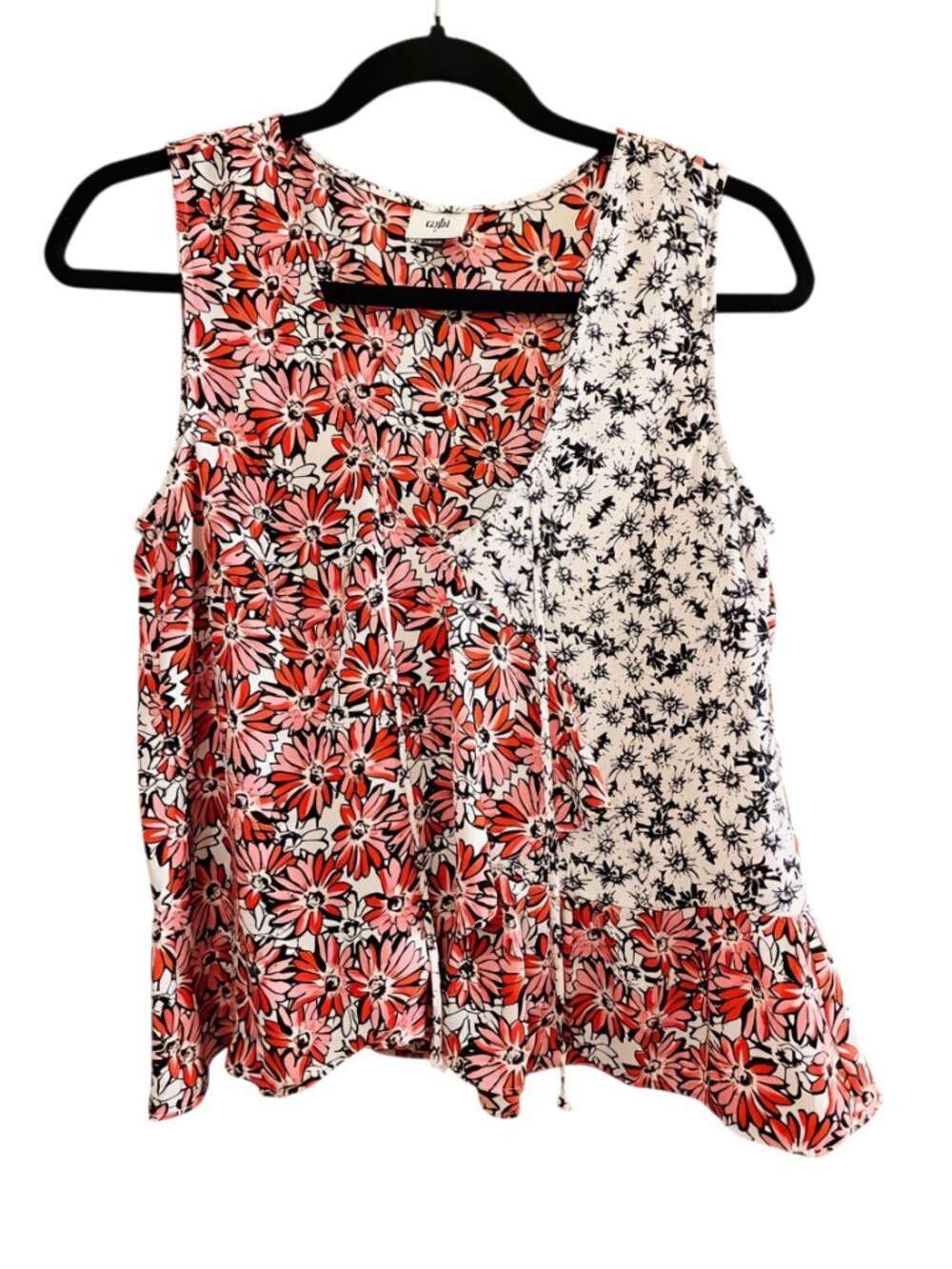 CAbi Seraphina Sleeveless Floral Print V-Neck Ruffle Top